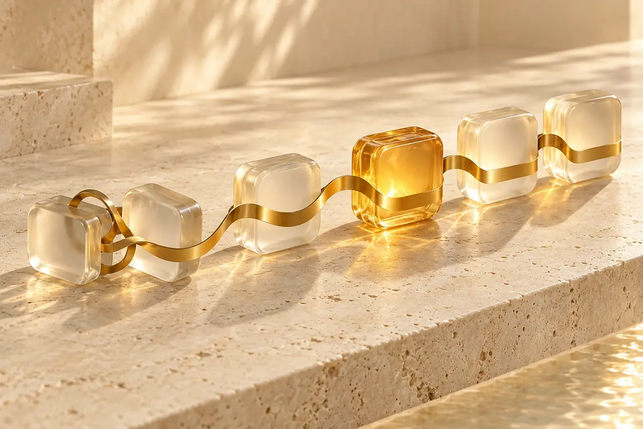 Glass workflow modules connected by a single flowing gold ribbon